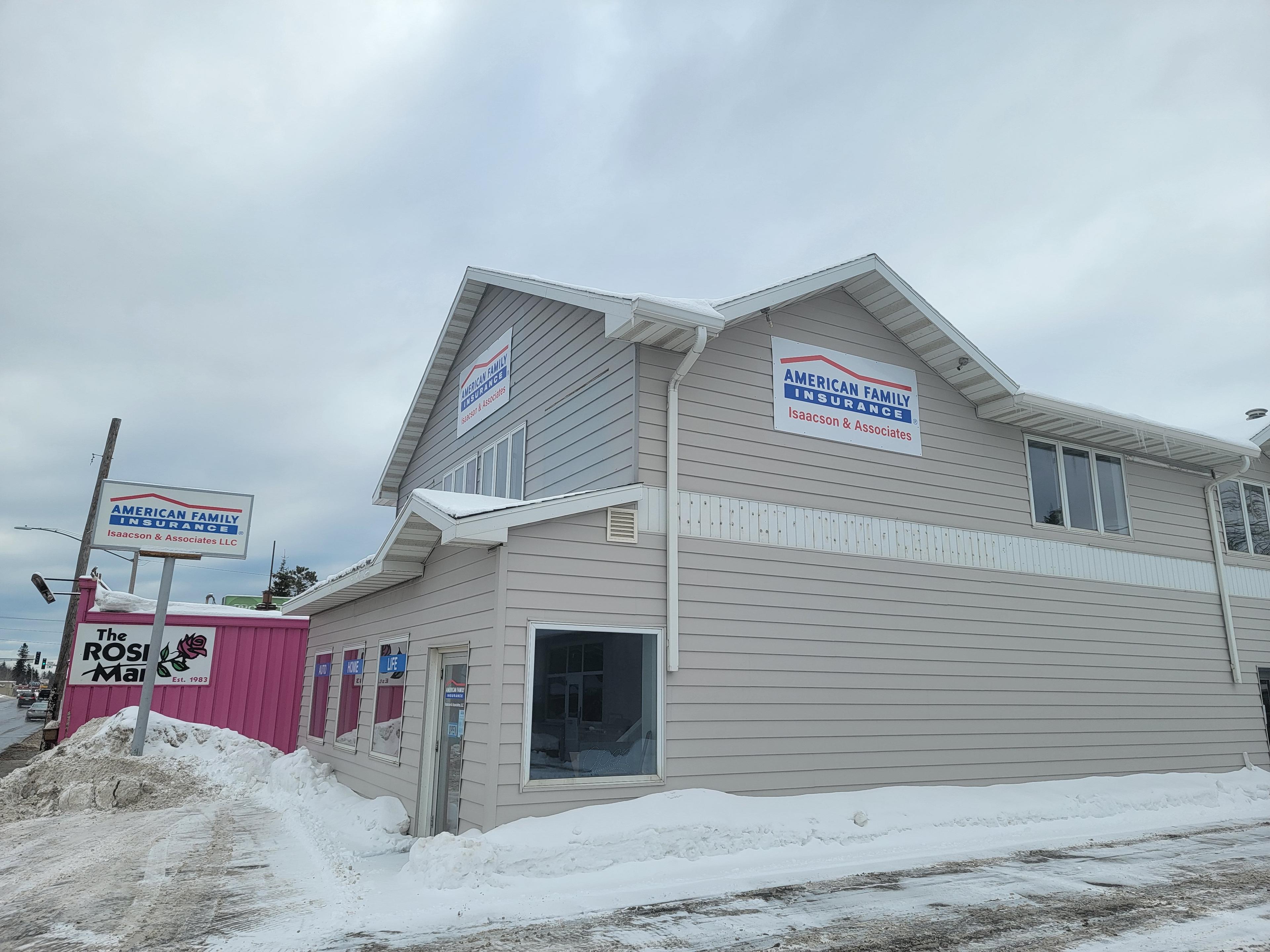 a building with signs in front of it