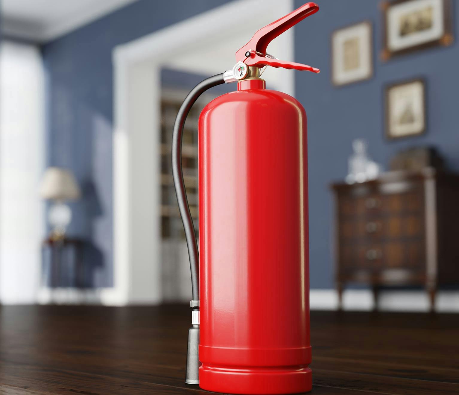 Image of a fire extinguisher in a living room.