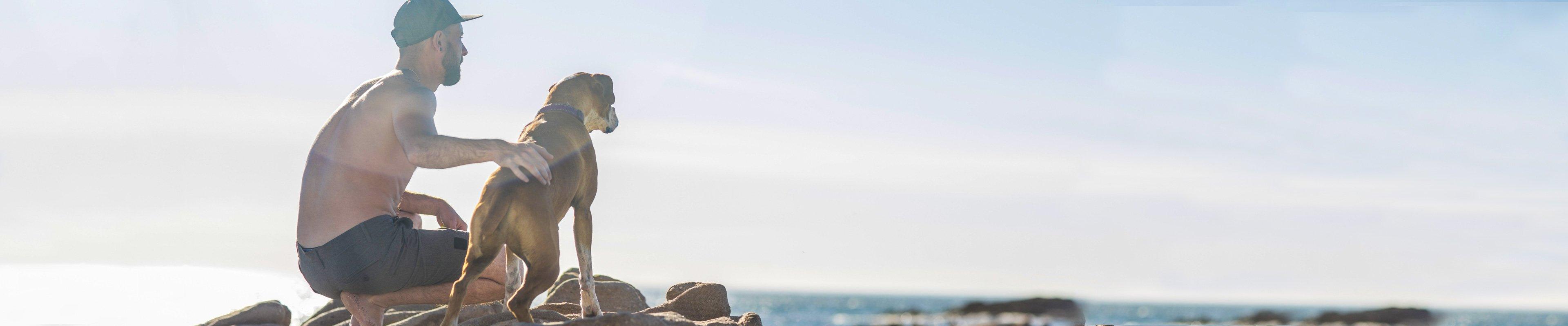 Man and his dog looking over the ocean